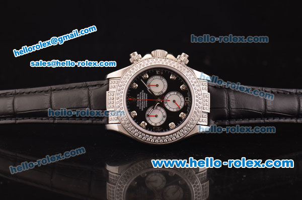 Rolex Daytona Swiss Valjoux 7750-SHG Automatic Diamond Case/Bezel - Black Dial and Black Leather Strap - Click Image to Close